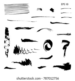 Set of hand drawn design elements. Vector collection of black ink abstract textures. Grunge ink pen - vector Brush Stroke. Distressed quill. Black Modern Textured pen Stroke.