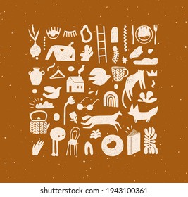 Set of hand drawn design signs drawing in crosshatch style in beige color on mustard background