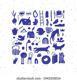 Set of hand drawn design signs drawing in crosshatch style in blue color on white background