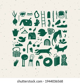Set of hand drawn design signs drawing in crosshatch style in green color on beige background