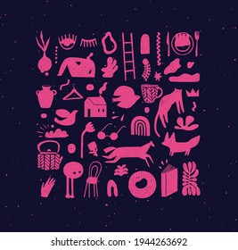 Set of hand drawn design signs drawing in crosshatch style in pink color on dark background