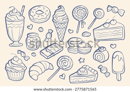 Set of hand drawn dessert icons in outline style, isolated on beige background, sweet food collection with donut, ice cream, candy, cake and pastry.