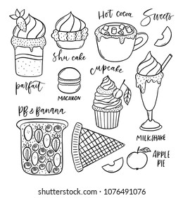 Set of hand drawn dessert vector icons. Design elements. Sweets and desserts.
