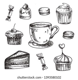 Set of hand drawn dessert vector icons. Design elements. Sweets and desserts, coffee, tea cup