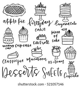 Set of hand drawn dessert vector icons. Design elements. Sweets and desserts.