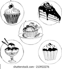 set of hand drawn desserts, cake and ice cream, ink drawing vector illustration