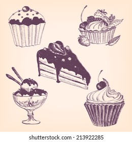 set of hand drawn desserts, cake and ice cream, ink drawing vector illustration