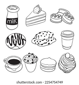 Set of hand drawn desserts including cakes, cookies, donuts, macarons, milk and coffee.