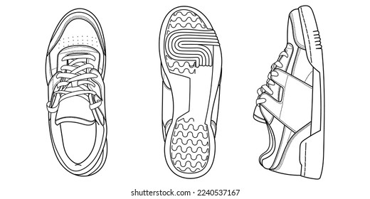 Set of hand drawn detailed sneakers, gym shoes. Classic vintage style. Outline doodle vector illustration. Sole, side and top view