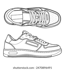 Set of hand drawn detailed sneakers, gym shoes, top and view. Image in different views - front, back, top, side, sole and 3d view. Doodle vector illustration.	