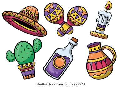 Set of Hand drawn dia de los muertos element. collection of Mexican Hat, maracas, candle, cactus, beer, pot Isolated Vector