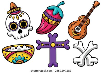 Set of Hand drawn dia de los muertos element. collection of mexican skull, chili, guitar, bowl, cross, skull Isolated Vector