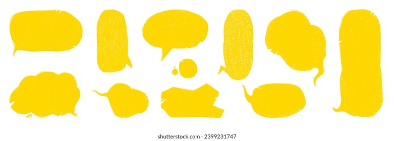 Set of hand drawn dialogue box with crosshatch texture. Yellow speech bubbles icon for stickers, collage. Pencil drawn doodle style vector illustration.
