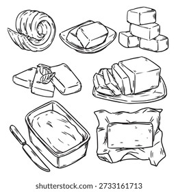 Conjunto de manteiga de produto diário desenhado à mão em diferentes formas ilustração de desenho de contorno
