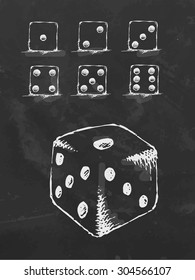Set of hand drawn dices on chalkboard. Vector illustration