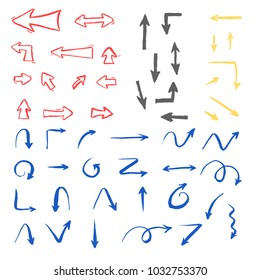 Set of hand drawn different arrow. Sketch style vector illustration. Arrow element drawn with a brush-pen. Isolated vector. Doodle line arrow for business infographic and icon. 