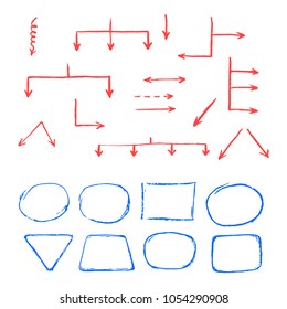 Set of hand drawn different arrow and flow chart elements for your text. All elements combination for your own different chart, flowchart, arrow concept shape. Vector illustration in sketch style.
