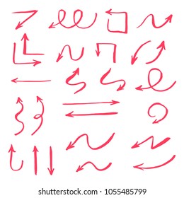 Set of hand drawn different arrow. Sketch style vector illustration. Arrow element drawn with a brush-pen. Isolated vector. Doodle line arrow for business infographic and icon. 