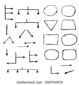 Set of hand drawn different arrow and flow chart elements for your text. All elements combination for your own different chart, flowchart, arrow concept shape. Vector illustration in sketch style.
