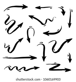 Set of hand drawn different arrow. Sketch style vector illustration. Arrow element drawn with a brush-pen. Isolated vector. Doodle line arrow for business infographic and icon. 
