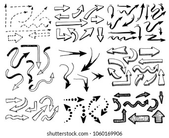 Set of hand drawn different arrow. Sketch style vector illustration. Arrow element drawn with a brush-pen. Isolated vector. Doodle line arrow for business infographic and icon. 