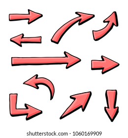 Set of hand drawn different arrow. Sketch style vector illustration. Arrow element drawn with a brush-pen. Isolated vector. Doodle line arrow for business infographic and icon. 