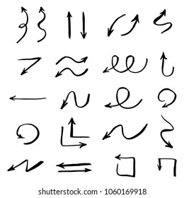 Set of hand drawn different arrow. Sketch style vector illustration. Arrow element drawn with a brush-pen. Isolated vector. Doodle line arrow for business infographic and icon. 