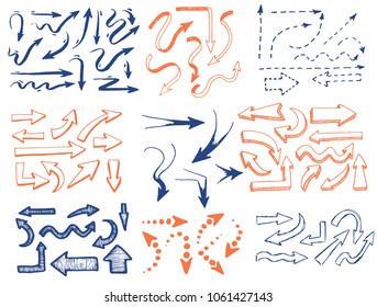 Set of hand drawn different arrow. Sketch style vector illustration. Arrow element drawn with a brush-pen. Isolated vector. Doodle line arrow for business infographic and icon. 