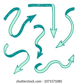 Set of hand drawn different arrow. Sketch style vector illustration. Arrow element drawn with a brush-pen. Isolated vector. Doodle line arrow for business infographic and icon. 
