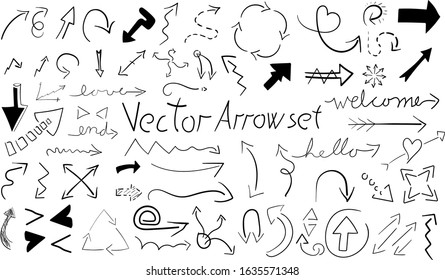 Set of hand drawn different cartoon arrows heading in every direction.Quality does not change when resized. Vector drawing.