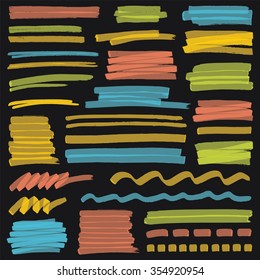 Set of hand drawn different color highlighter stripes, strokes and marks. Can be used for text highlighting, marking or coloring in your designs. Optimized for one click color changes. EPS10 vector.