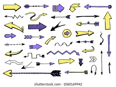 Set of hand drawn different decorative arrow. Sketch style vector illustration. Arrow element drawn with a brush-pen. Isolated vector. Doodle line curve arrow for business infographic and icon.