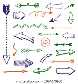 Set of hand drawn different decorative arrow. Sketch style vector illustration. Arrow element drawn with a brush-pen. Isolated vector. Doodle line curve arrow for business infographic and icon.