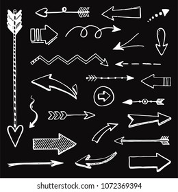 Set of hand drawn different decorative arrow. Sketch style vector illustration. Arrow element drawn with a brush-pen. Isolated vector. Doodle line curve arrow for business infographic and icon.