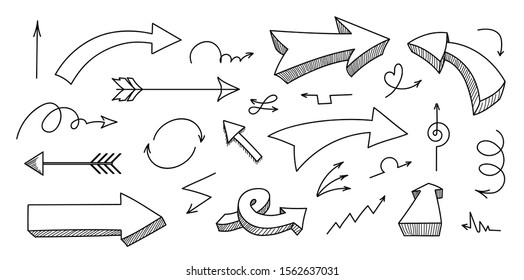 Handgezeichneter verschiedener Zierpfeil.  Pfeilelement, das mit einem Pinselstift gezeichnet wird. Vektorillustration einzeln. 
