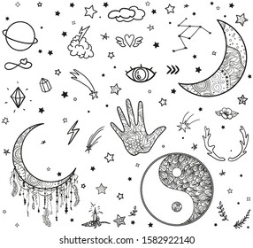 Set of hand drawn different design elements on white. Abstract mystic signs and symbols. Black and white illustration