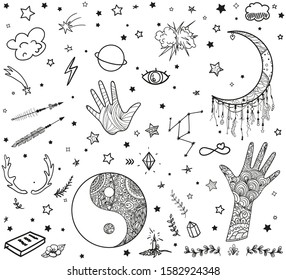 Set of hand drawn different design elements on white. Abstract mystic signs and symbols. Black and white illustration