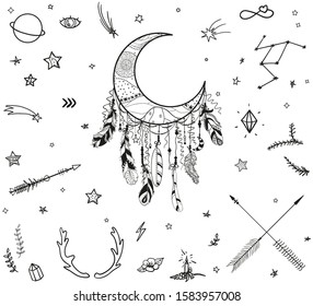 Set of hand drawn different design elements on white. Ornate dreamcatcher. Abstract mystic signs and symbols. Black and white illustration