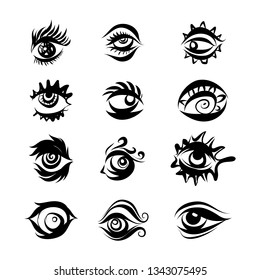 Set of Hand Drawn Different Eyes Icons. Monochrome Drawing Elements Isolated on White Background.