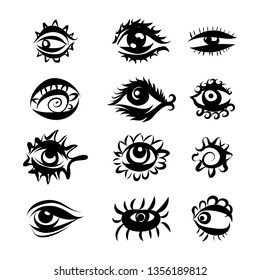 Set of Hand Drawn Different Eyes Icons. Monochrome Drawing Elements Isolated on White