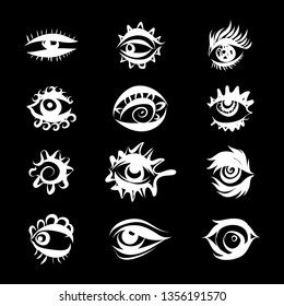 Set of Hand Drawn Different Eyes Icons. Monochrome Supervision and View Symbols Isolated on Black Background