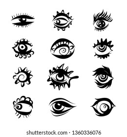 Set of Hand Drawn Different Eyes Icons. Monochrome Supervision and View Symbols Isolated on White Background