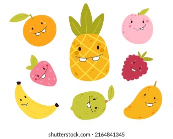 set of hand drawn different funny and cute summer fruits with smiling faces