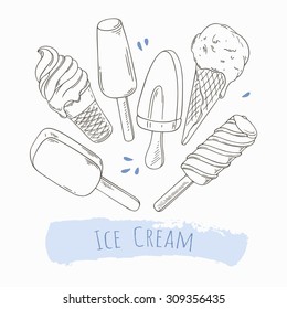 Set of hand drawn different ice cream in vector. For packaging design. Doodle illustration with sweet food