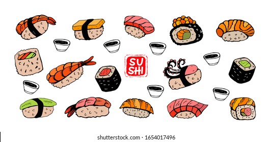 Set of hand drawn different Japanese sushi and rolls. Vector illustration.