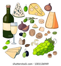 Set of hand drawn different kinds of cheese, nuts, olives and figs on a white background