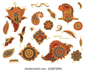 Set of hand drawn  different mehndi elements. Stylized flowers, leaves, indian paisley collection. Black and white ethnic illustration.