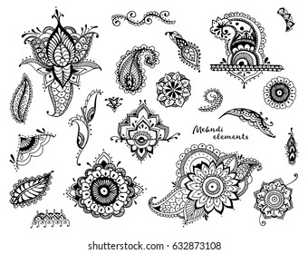 Set of hand drawn  different mehndi elements. Stylized flowers, leaves, indian paisley collection. Black and white ethnic illustration.