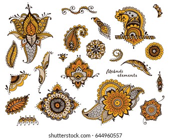 Set of hand drawn different mehndi elements. Stylized flowers, florals, leaves,  indian paisley collection. Colorful ethnic illustration.