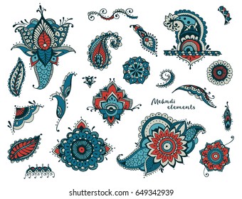 Set of hand drawn different mehndi elements. Stylized flowers, florals, leaves, indian paisley collection. Colorful ethnic illustration.